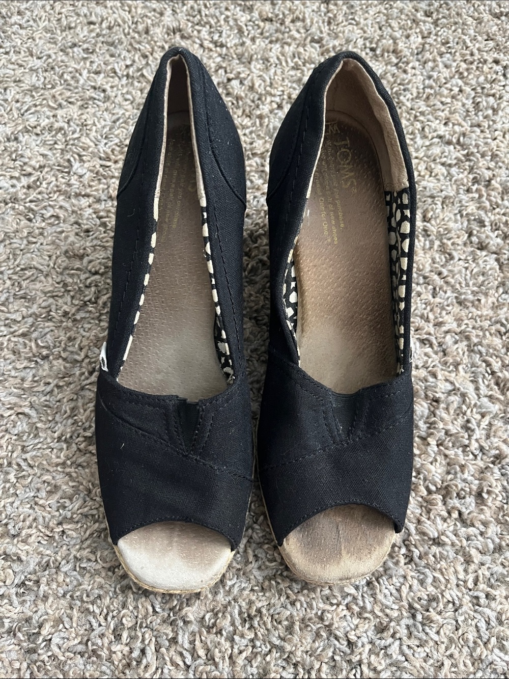 TOMS Black Canvas Peep-Toe Wedge Slip-Ons